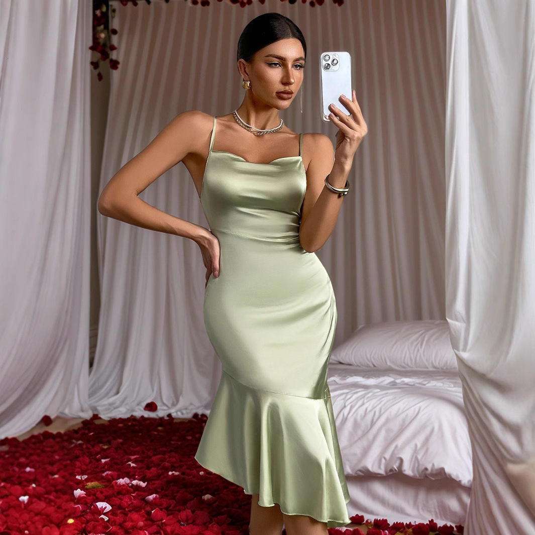 2025 ruffled satin dress for womens new light luxury niche new French fishtail dress