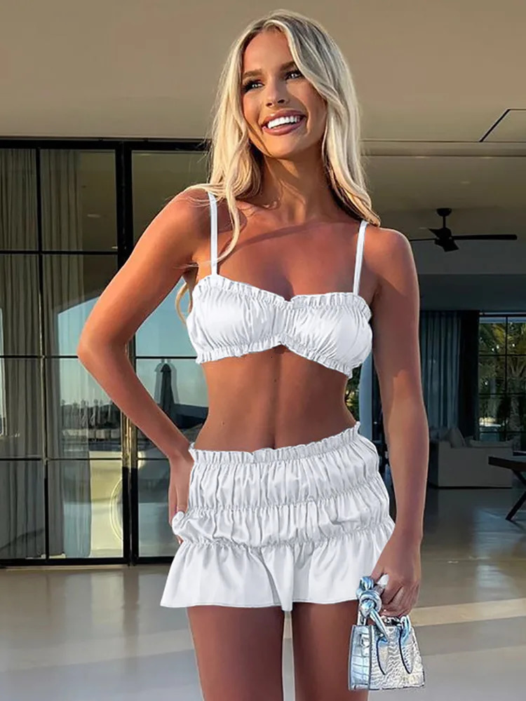 Articat Sexy Sleeveless Bra Top Short Skirt Two-piece Set For Women Autumn Pleated Skirt Set Slim Party Beach Holiday 250523
