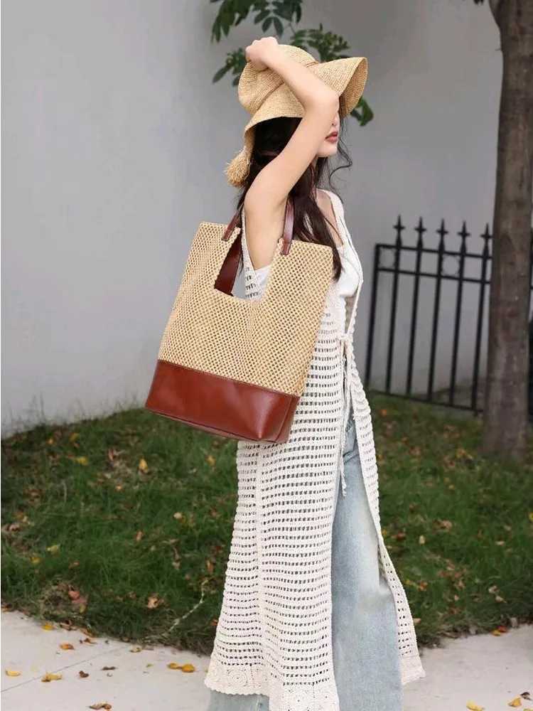 French Style Women Summer Straw Totes Handbag Large Capacity Cow Leather Spliced Shoulder Underarm Bag Casual Holiday Beach Bag W250524