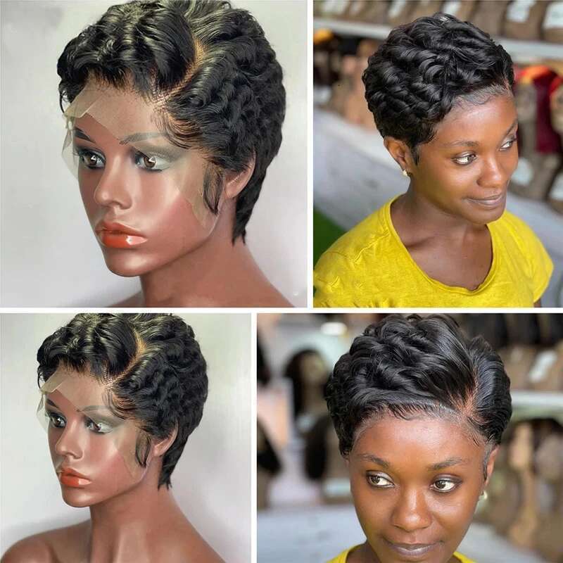 Curly 100% Human Hair 13x4 Lace Frontal Short Bob Wig Pixie Cut Wigs for Black Women