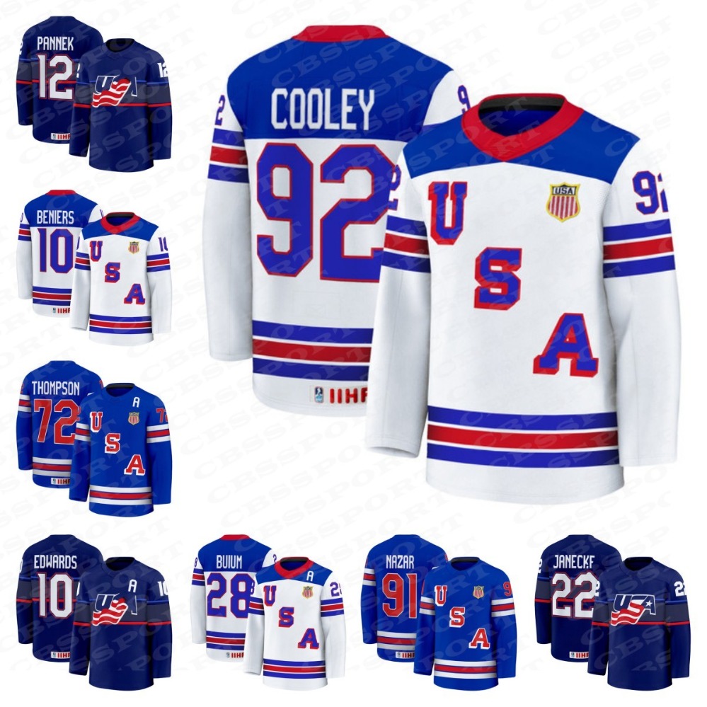 Goalie Cut 2025 IIHF USA Hockey Jersey 10 LOGAN COOLEY FRANK NAZAR MATTY BENIERS 92 HILARY KNIGHT 2025 USA Hockey Jerseys All Stitched Custom Name Number