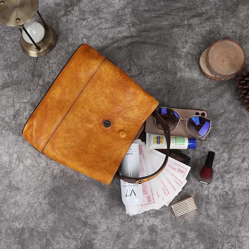 MOTAORA Women's Vintage Bucket Genuine Top-Grain Leather Handmade Purse Designer Casual Office Travel Shoulder Bag