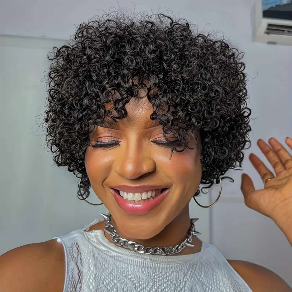 Short Pixie Curly Bob with Bangs Brazilian Human Hair Bouncy Curl Full hine made Wig for Women