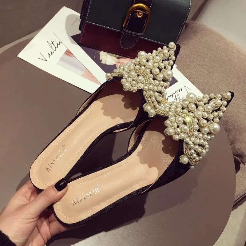 Large Pearl Women Shoe Autumn Lace Rhinestone Mid Heel Half Slipper Sandals Fashion Muller Shoes Casual Versatile Single Shoes 250526BJ - view 7