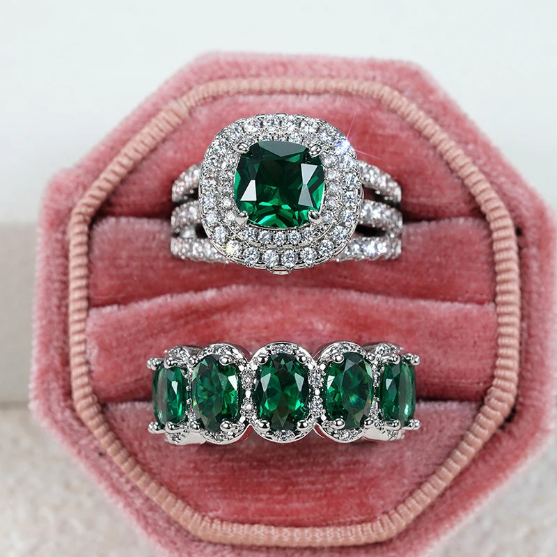 Huitan Gorgeous 2Pcs Wedding Rings for Women White/Pink/Green/Black Cubic Zirconia Set Rings Trendy Engagement Jewelry 250519