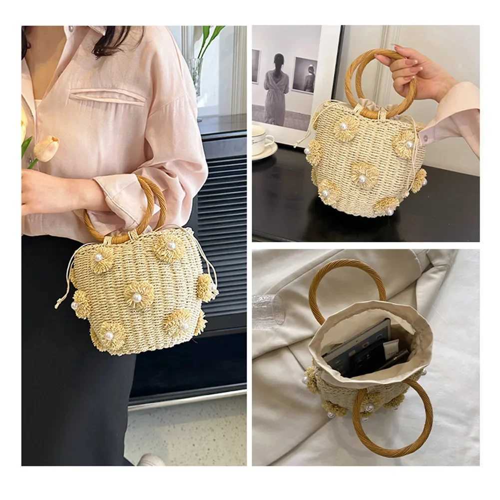 Women Straw Tote Handbag with Pearls Handmade Woven Bag Drawstring Wrist Purse Summer Holiday Beach Bag W250524