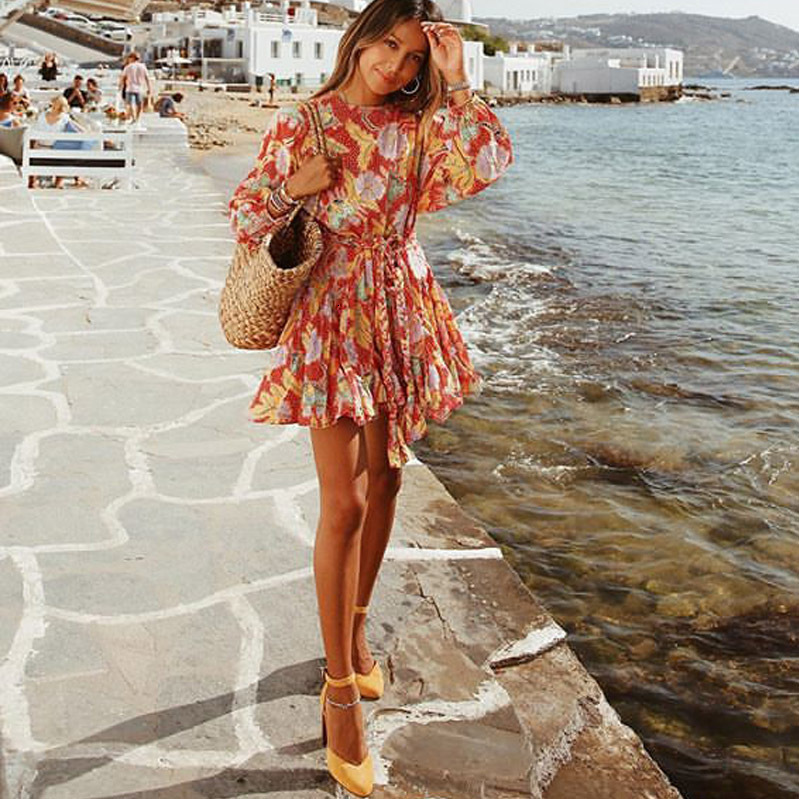 Womens dress new floral long sleeved short skirt summer vacation beach skirt