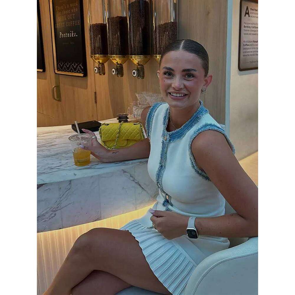 Women Elegant Pleated Patchwork Knitted Mini Dress Lady Round Neck Sleeveless Single Breasted Short Dresses 2025 Fashion Vestido