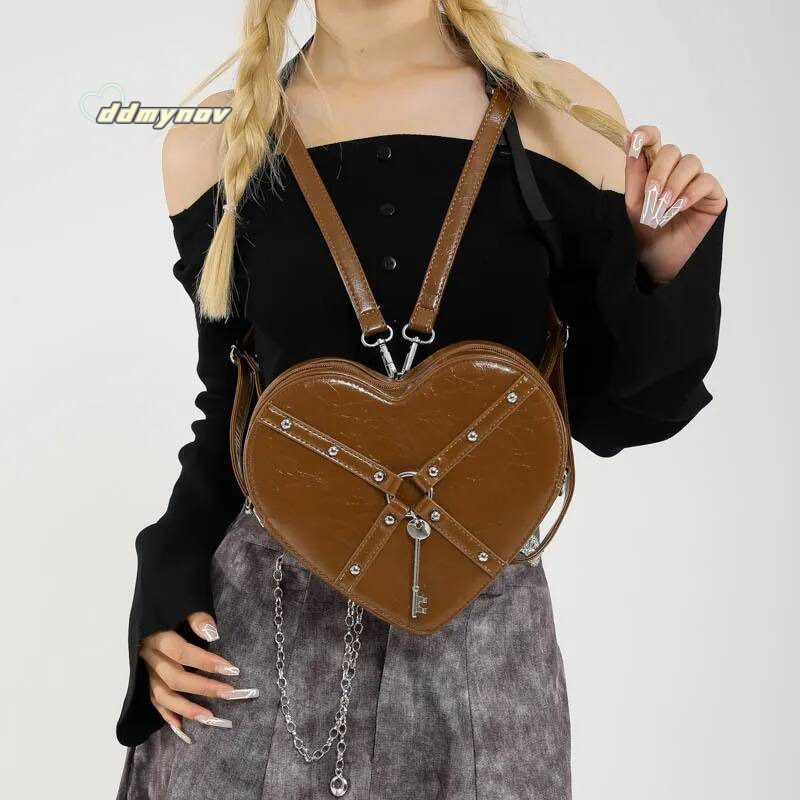 Vintage Rivet Shoulder Heart Shaped Purse Handbag Red PU Leather Gothic Tote Fashion Women Crossbody Bag ddmynov