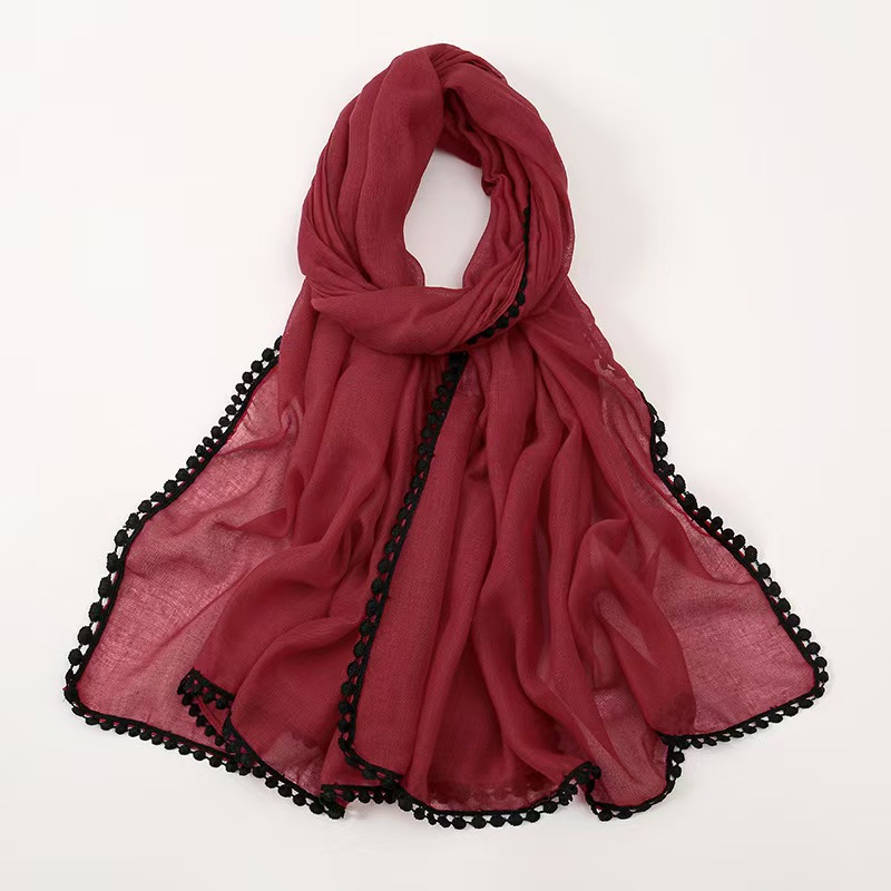 T807 new pure color simple ethnic headscarf scarf black and white lace Bali yarn long scarf female