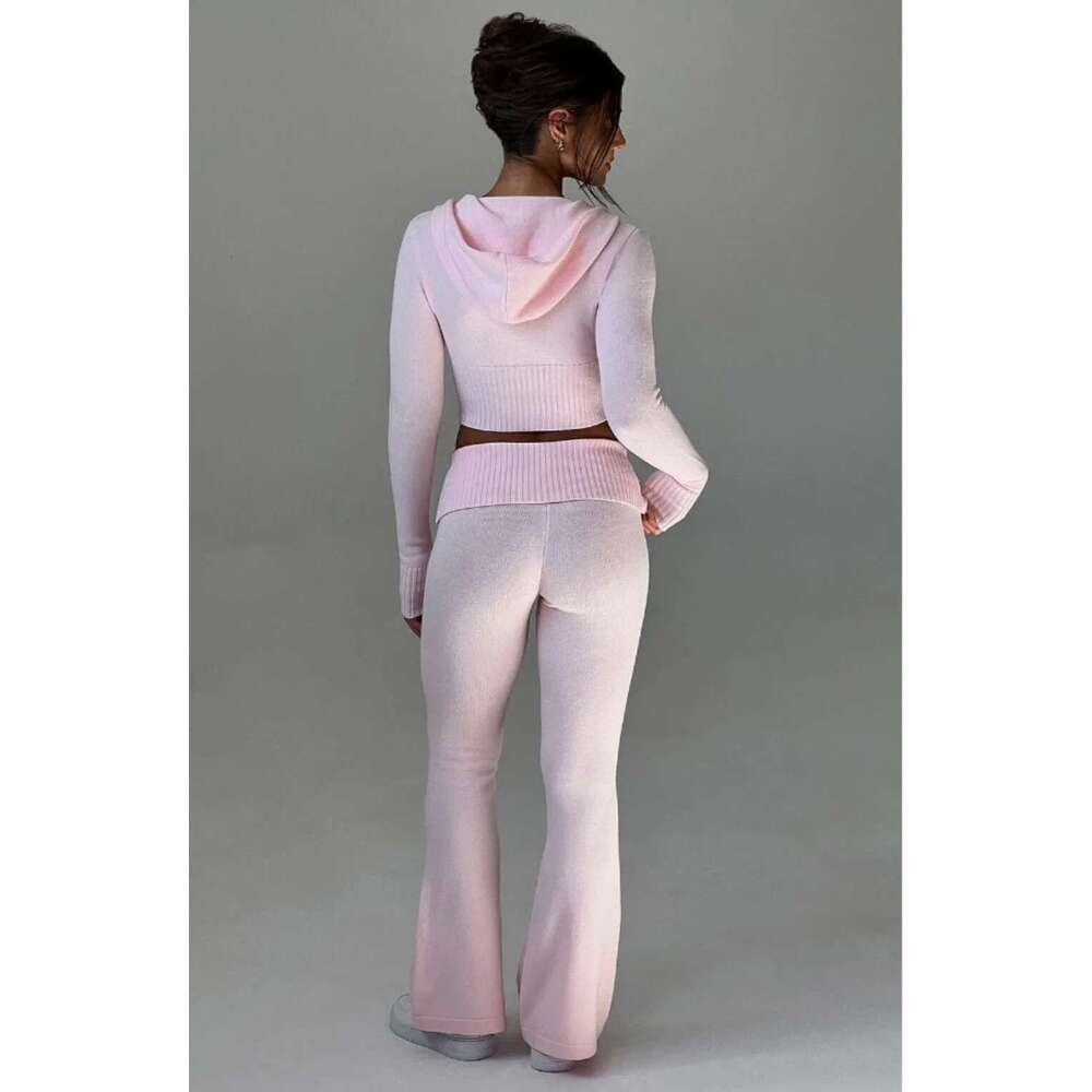 Sping Summer Casual Women Two Piece Outfits Knitted Long Sleeve Hoodie And Flare Pants Workout Jogger Set Tracksuit