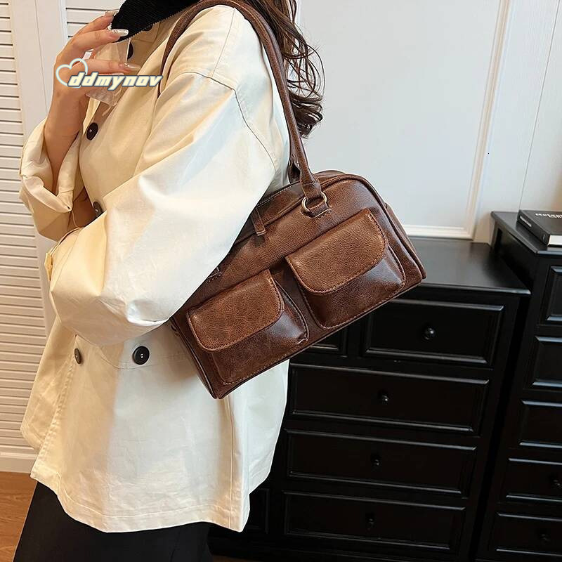 Commuter Shoulder Bags For Women Retro Multi Pockets Big Capacity Underarm Boston Pillow Bag 2024 Designer Handbags ddmynov