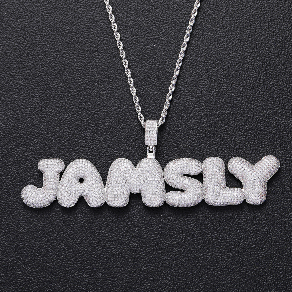DIY Custom A-Z Name Bubble Letters 0-9 Numbers Pendant Necklace for Men Women with TopBling White Zircons
