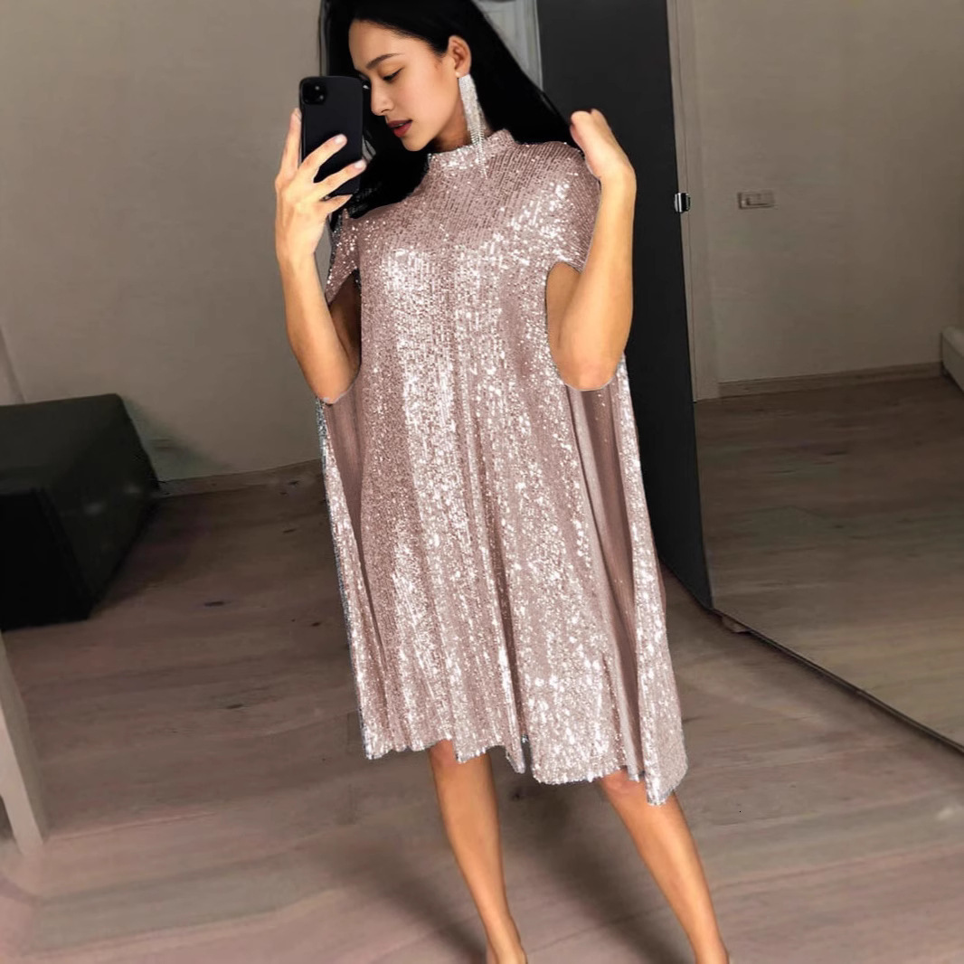2025 cape gold summer new style small stand up collar sequin dress loose womens clothing
