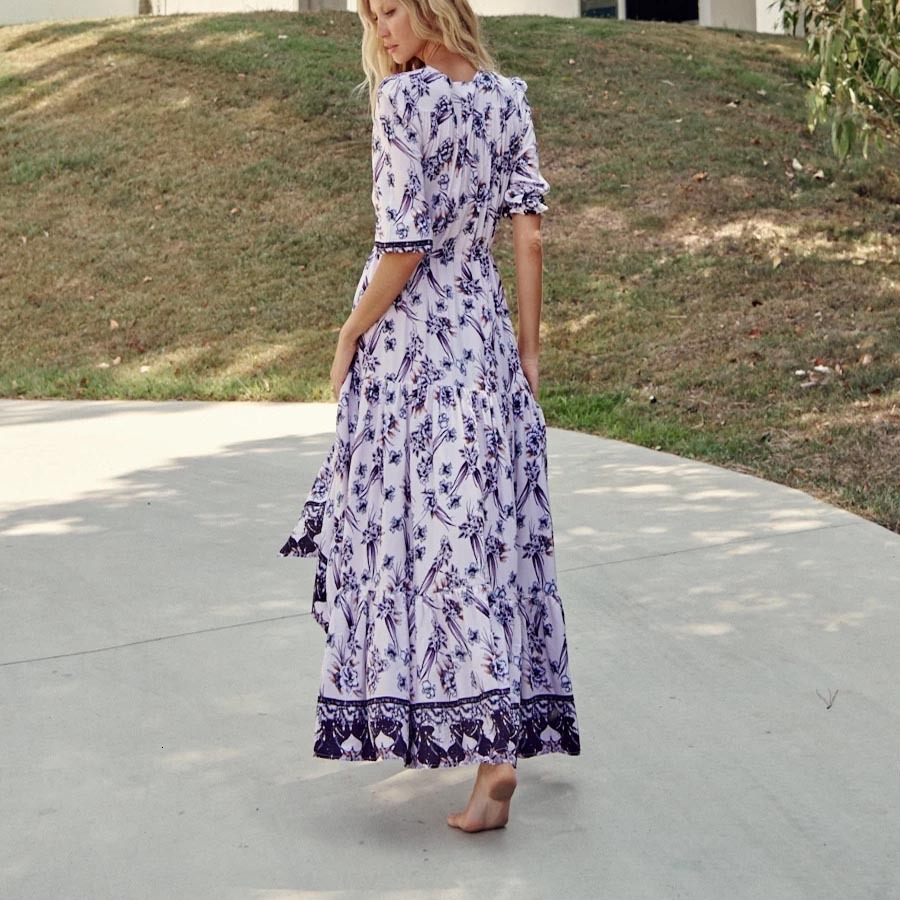 Spring and Summer New Womens V-neck Short Sleeve Slim Fit Dress Split Long Dress