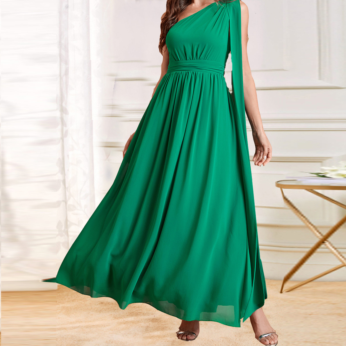 New womens dress with sloping shoulders and slim fit solid color long dress new chiffon dress