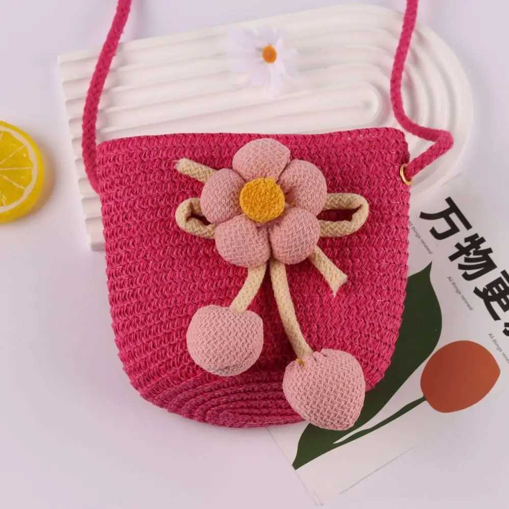 Cute Flower Straw Bag Mini Handmade Summer Beach Shoulder Bag Colorful Zipper Kids Coin Purse W250524