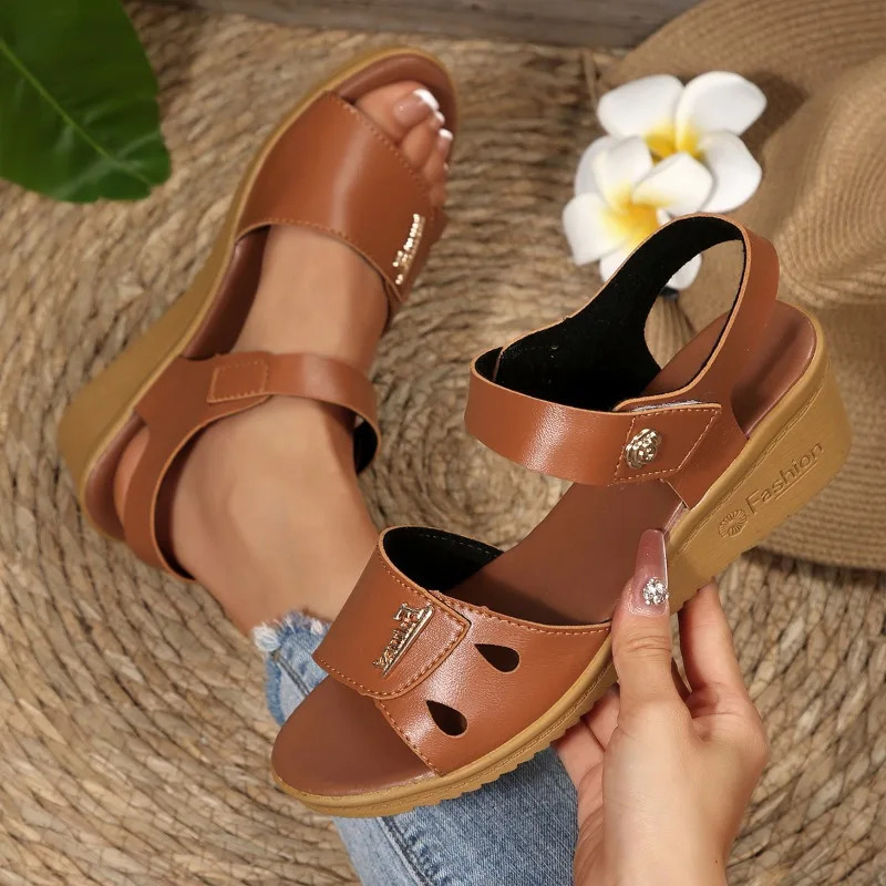 Women Summer Casual Wedge Sandals Comfortable Non Slip Beach Shoes Woman Flower Decor PU Leather Walking 250526