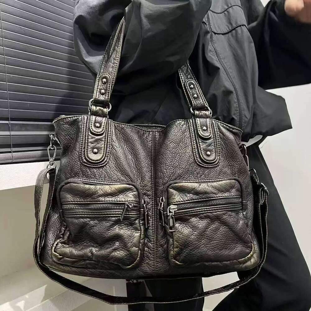 Women's Bags Designer Ladies' Fashion Y2k Retro Street Hot Girl Motorcycle Bag, Large Capacity Distressed Multi Pocket Vegan Leather Shoulde