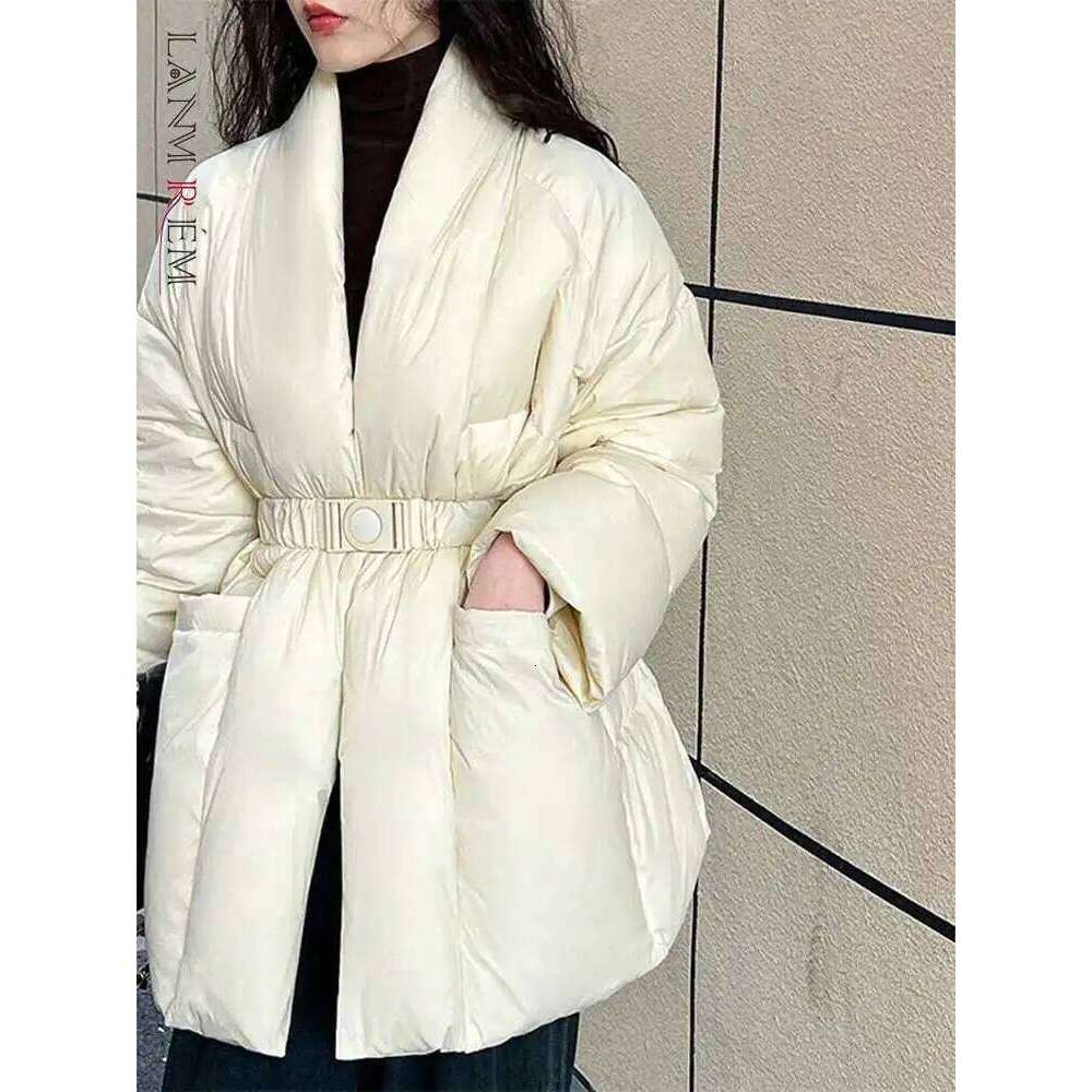 LANMREM V-Neck Waist Wrapped Down Coat Female Long Sleeves Solid Color Belt Warm Fashion Streetwear Coats 2024 Winter 2Da8029