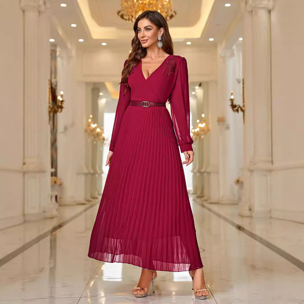 Autumn and winter new dress sexy long sleeved pleated belt ball dress long skirt