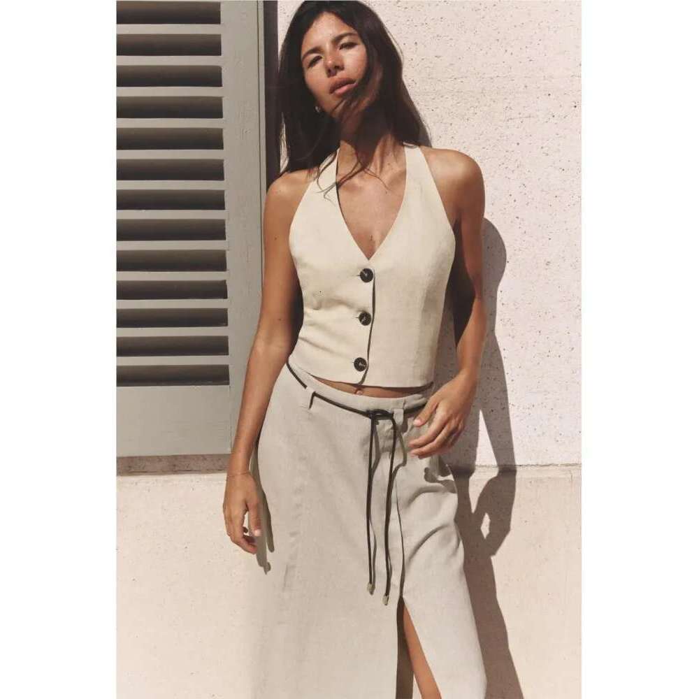 TRAF Womenskirt Belt 2 Backless V Neck Halter Tops With Button Long Skirts Two Piece Set Women Outfit