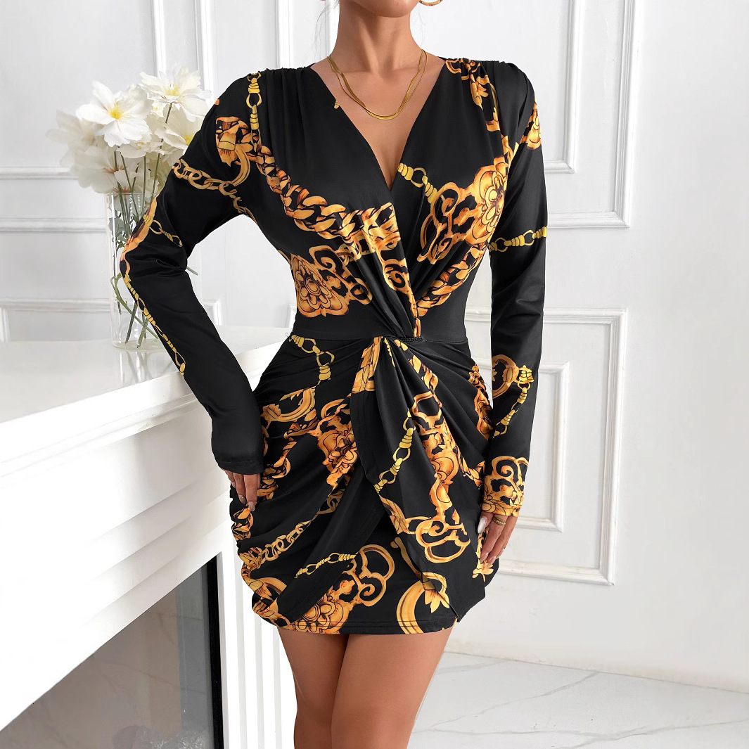 New womens dress with fashionable temperament printed long sleeved V-neck hip hugging elastic short skirt for banquet