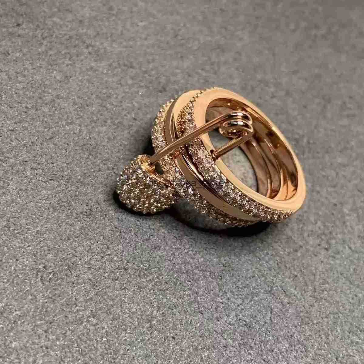 Diamond Lapel Pin Ring Tricolor KGold Paperclip Design with Full Diamond MultiCircle Accents L251027