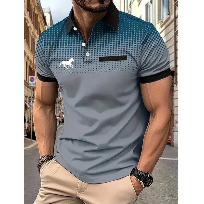 Men Summer Fashion Slim Fit Short Sleeve 100% Polyester Fake Pocket Decoration Casual Sport Golf Polo Shirt