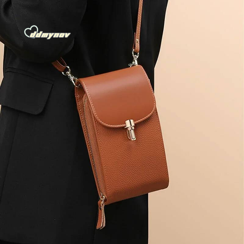 Genuine Leather Phone Solid Color Flip Round Lock Women's Crossbody Bag with Long Shoulder Strap and Credit Card Slot ddmynov