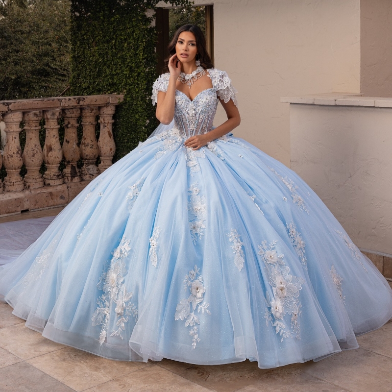 Sky Blue Shiny Quinceanera Dresses Off Shoulder Ball Gown Sweet 16 Dress Beading Crytal Applique Flower Tull Birthday Party Vestidos 15 Anos