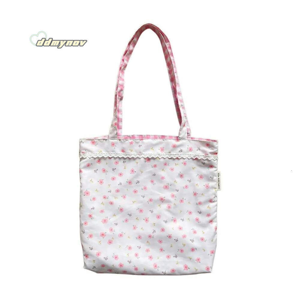 Pink Floral Canvas Shoulder Handbag Korean Travel Beach Double-sided Shopping Totes Girl Lace Underarm Bag ddmynov
