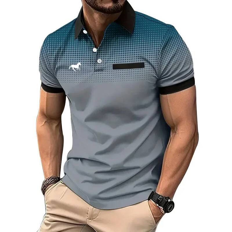 Men Summer Fashion Slim Fit Short Sleeve 100% Polyester Fake Pocket Decoration Casual Sport Golf Polo Shirt