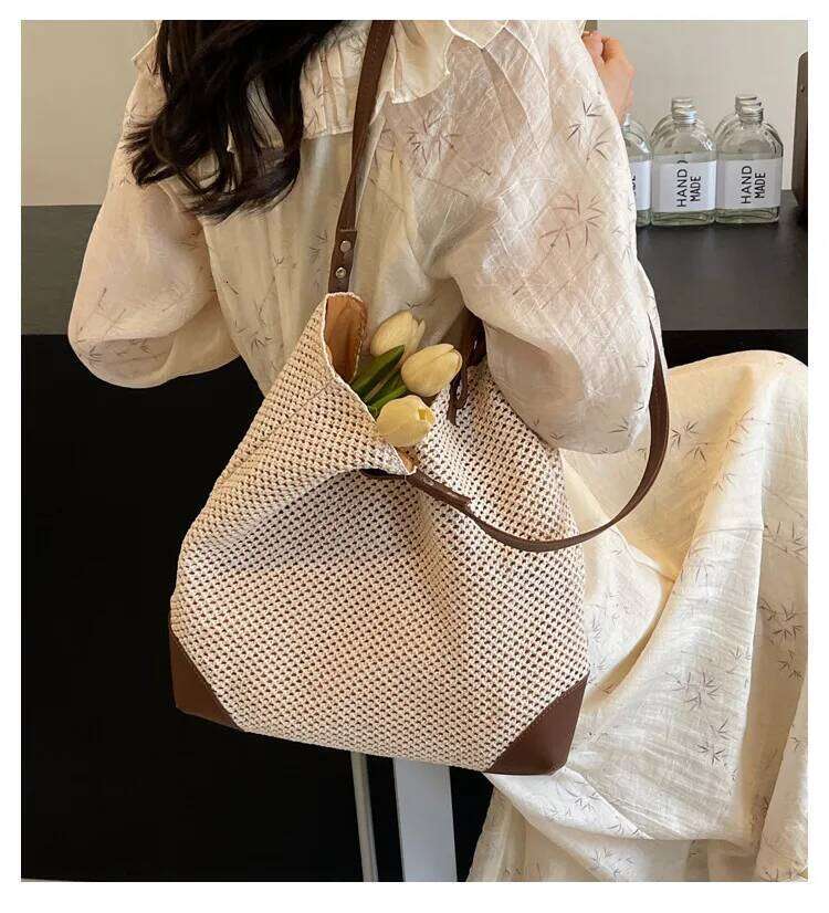 2025 Boho-Chic Raffia Tote, Convertible Beach Bag with Adjustable Strap, Spacious Woven Vacation Purse for Women