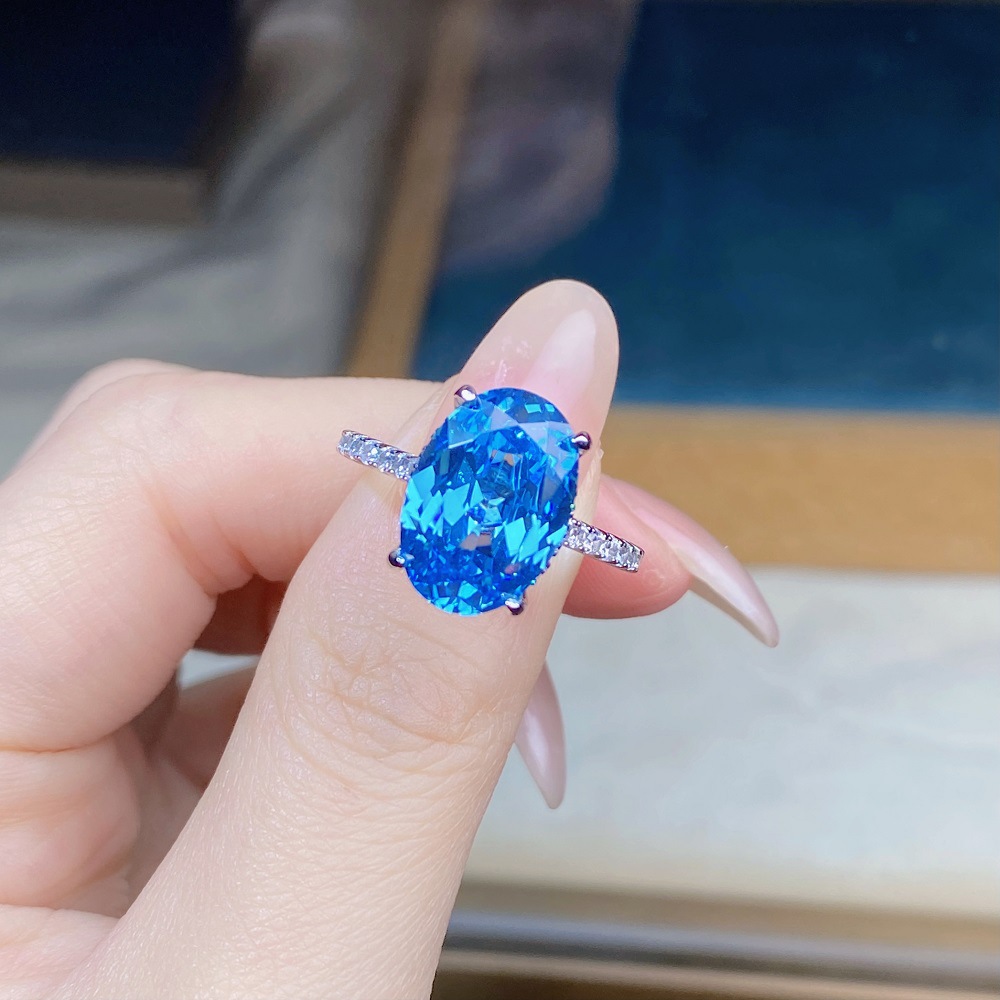 6CT oval S925 sterling silver gemstone blue crystal pink high carbon diamond princess ring personalized fashionable luxurious hand-set pigeon egg-shap