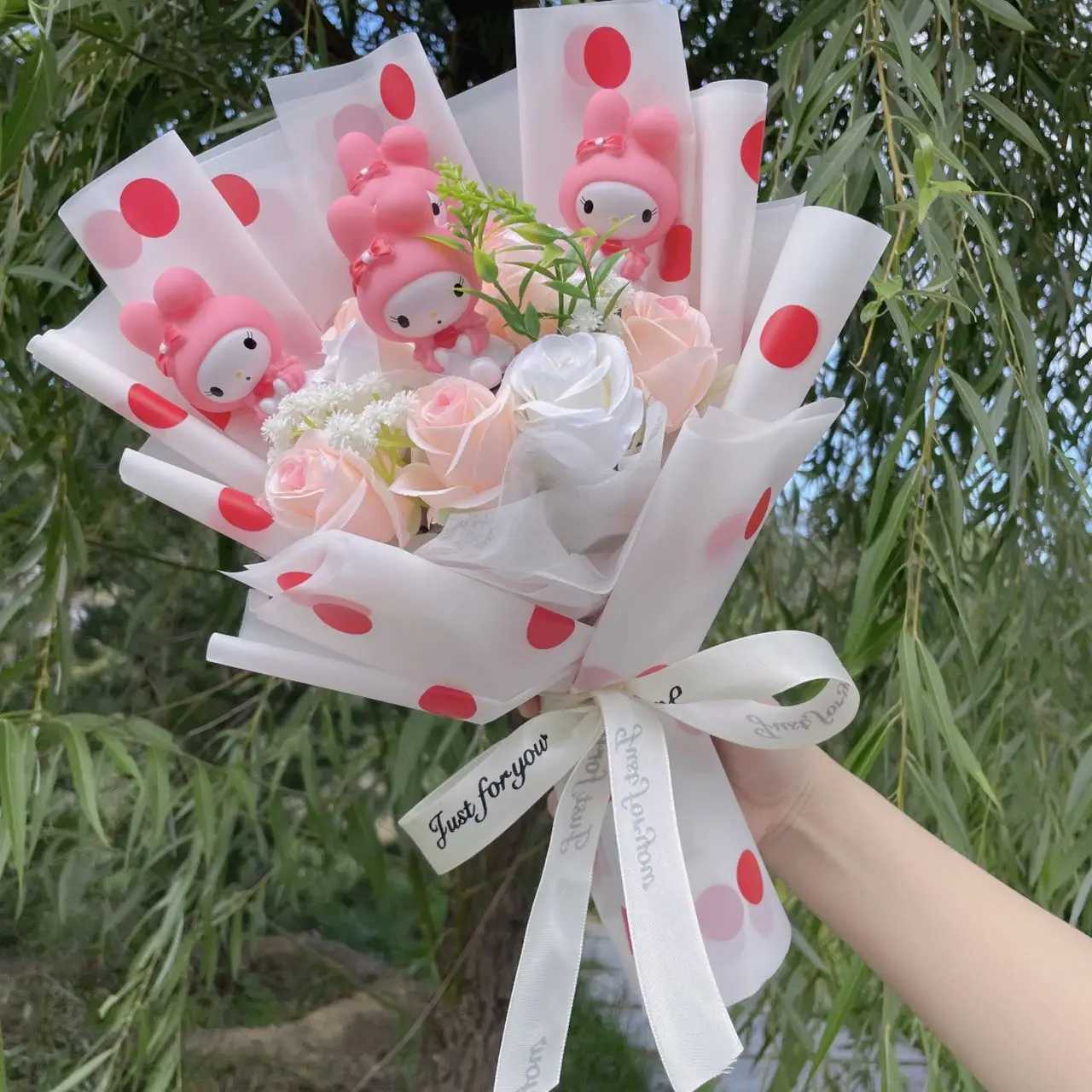 Cartoon Vinyl Doll Hello Kitty With Artificial Flower Creative Bouquet Christmas Valentine Birthday Gifts For Girlsw250526