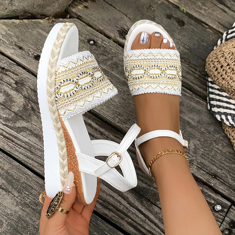 Plus Size Wedges Bohemian Sandals for Women Summer 2025 Platform Thick Bottom Sandles Woman Embroidery Lightweight Rome Sandals 250519