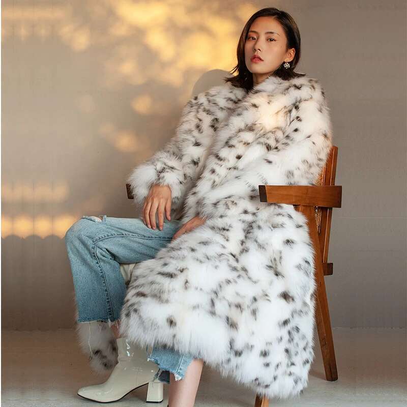 Women's Imitation Fox Fur Coat Black Dot Leopard Print Suit Long Length Large Size Winter Warm Leather Windbreaker