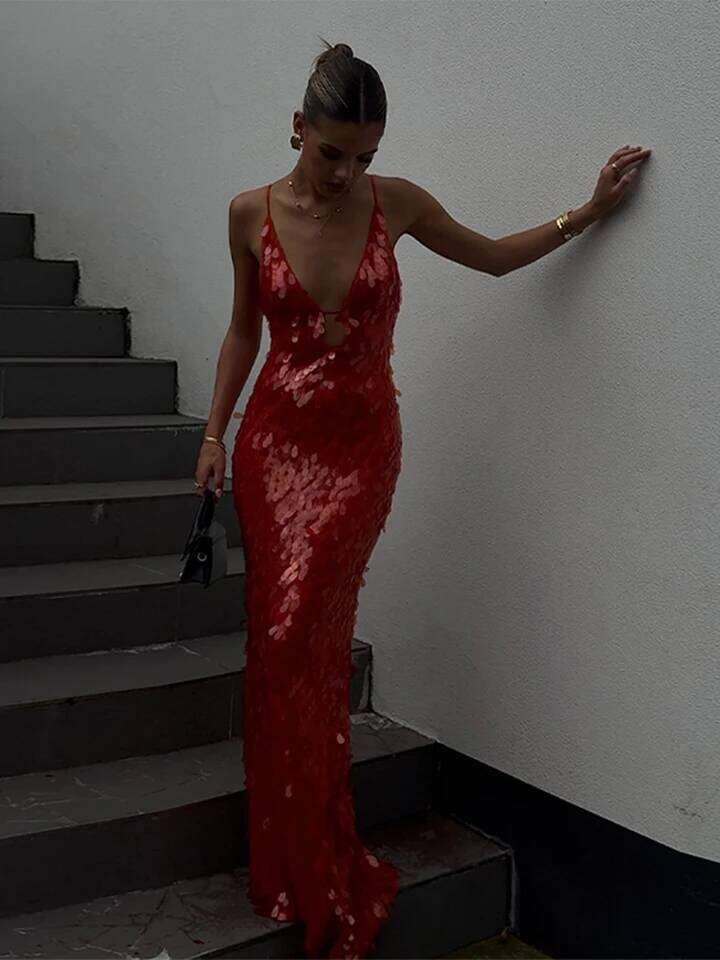 Fashion Women's Sequined Slip Long Dress Sleeveless V-neck Hollow Out Backless Slim Robe 2025 Summer Chic Female Party Dresses