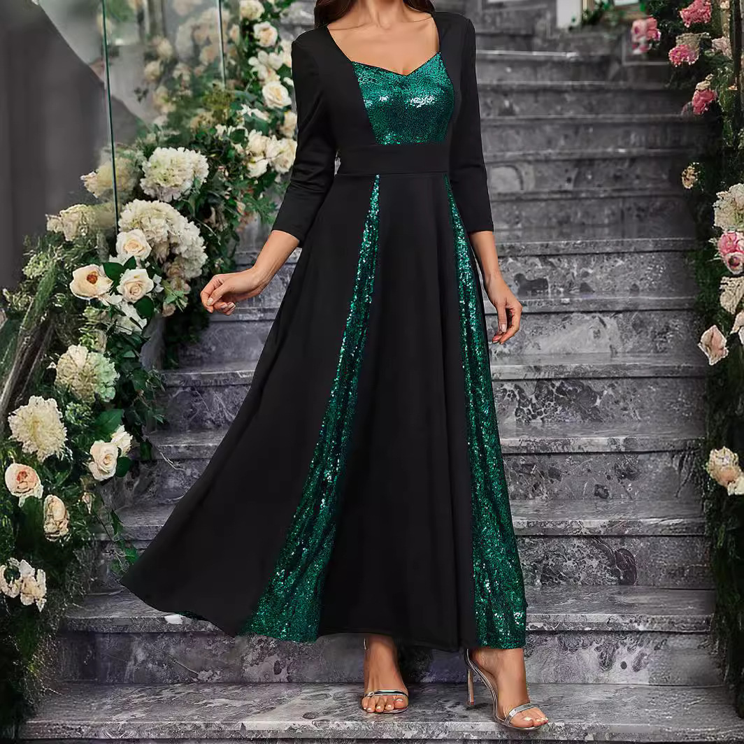 Womens new elegant sequin party cocktail party ball dress medium to long style