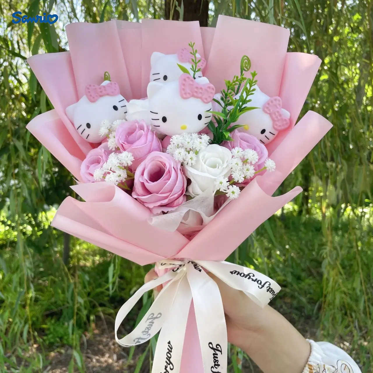 Cartoon Vinyl Doll Hello Kitty With Artificial Flower Creative Bouquet Christmas Valentine Birthday Gifts For Girlsw250526