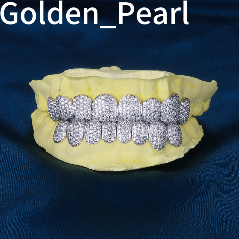 Custom Top Bottom 8 S925 Silver VVS Moissanite Diamond Grillz 10K 14K 18K Solid White Gold Iced Out Grillz for Teeth