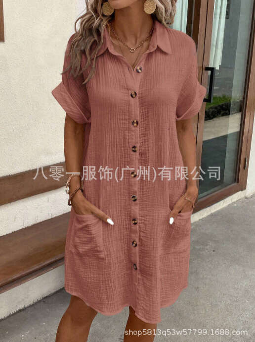 Backless Sexy Dress Casual Solid Color Cotton Linen Button Down Mid Length Short Sleeve Loose Dress Women S Clothing Sexy Flowy Dresses