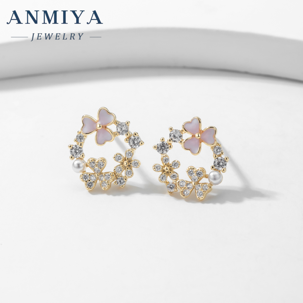 Niche 925 Sterling Silver Fashion pink Clover Pearl Zircon Stud Earrings