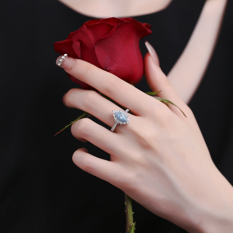 Luxury 925 Sterling Silver Sea Blue Marquise Gemstone Ring for Women, Elegant Design with High-End Finish, Perfect for Special Occasions