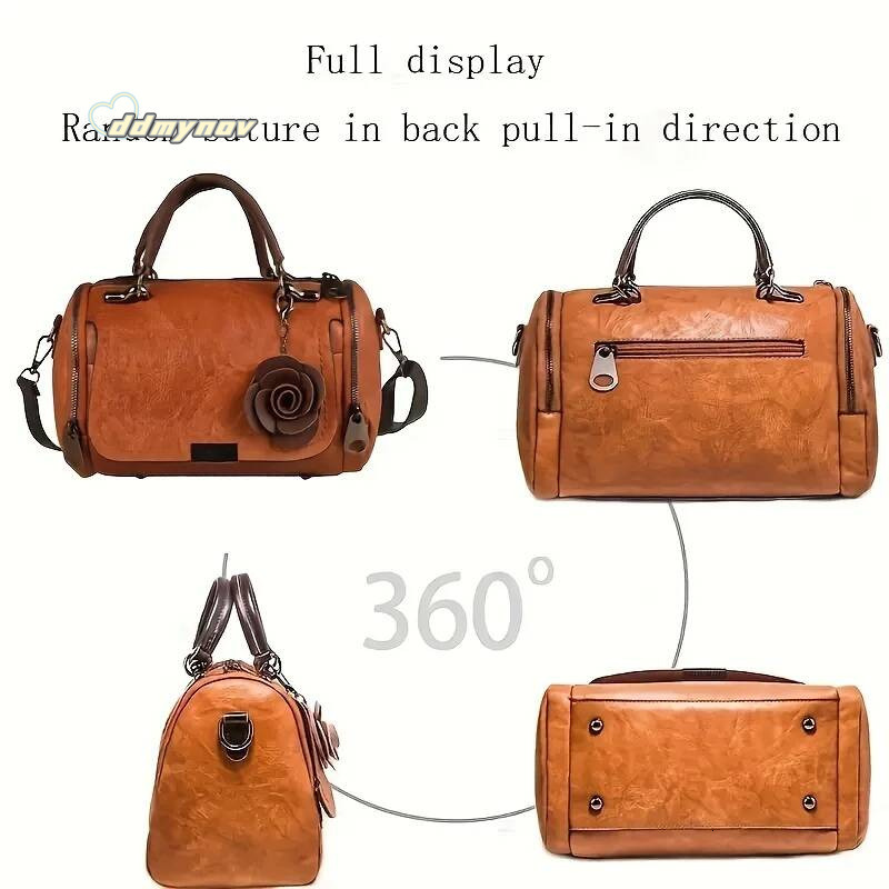 Large Vintage Boston Handbag Solid Color PU Satchel with Zipper Closure, and Flower Pendant - Perfect for Ocnal Use ddmynov