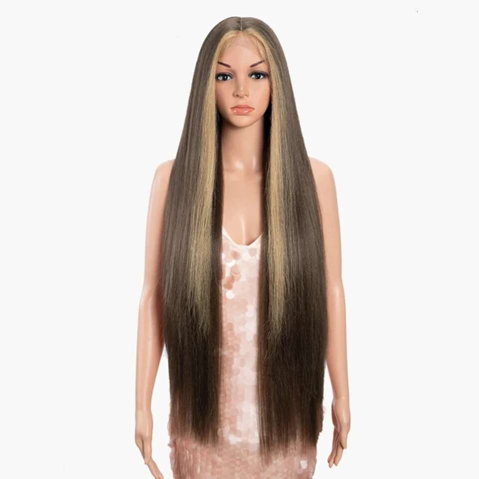 Synthetic Front For Women 36 Inch Deep Part Long Yaki Straight Ombre Brown Ginger Cosplay Lace Wigs