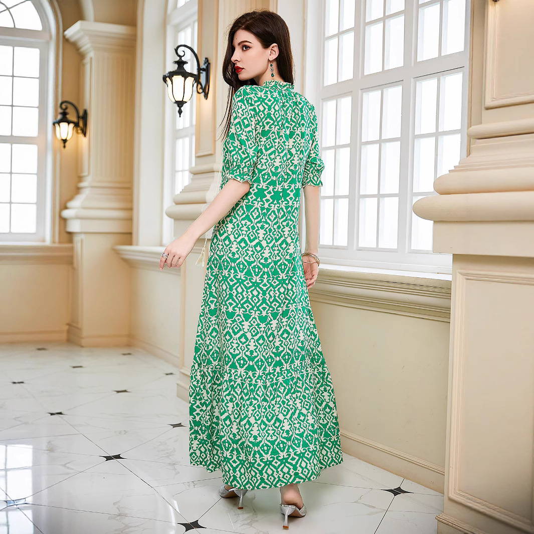 Summer New Womens Loose Medium Sleeve Dress Printed Beach Skirt