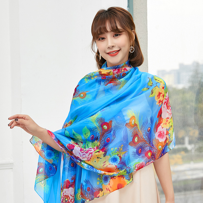 K832 Silk scarf printed chiffon beach sun protection shawl large size simulation neck scarf seaside sunshade scarf ribbon