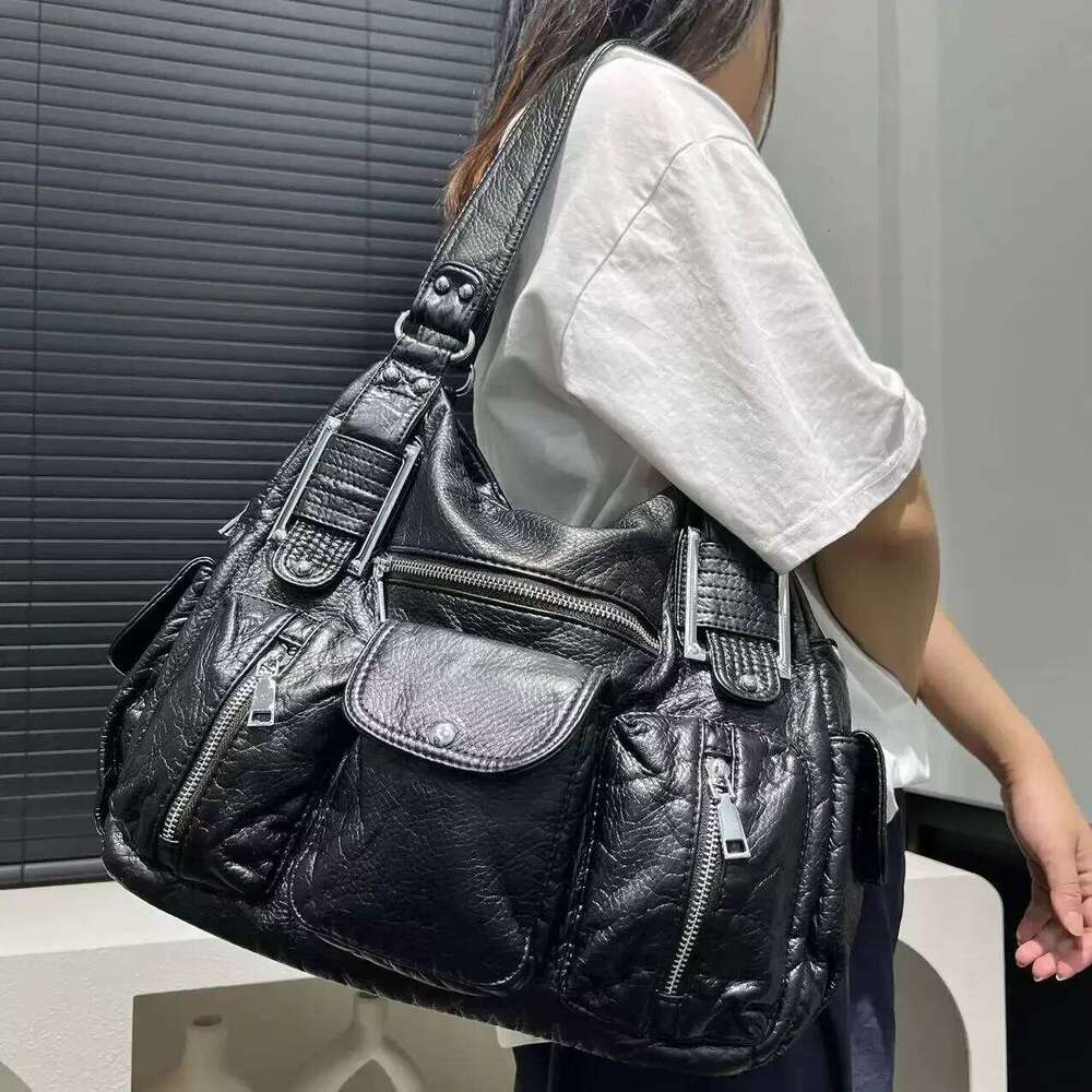 Women's Bags Designer Women's Fashion Y2k Hot Girl Distressed Tote Multi-Pocket Washed Vegan Leather Shoulder Bag